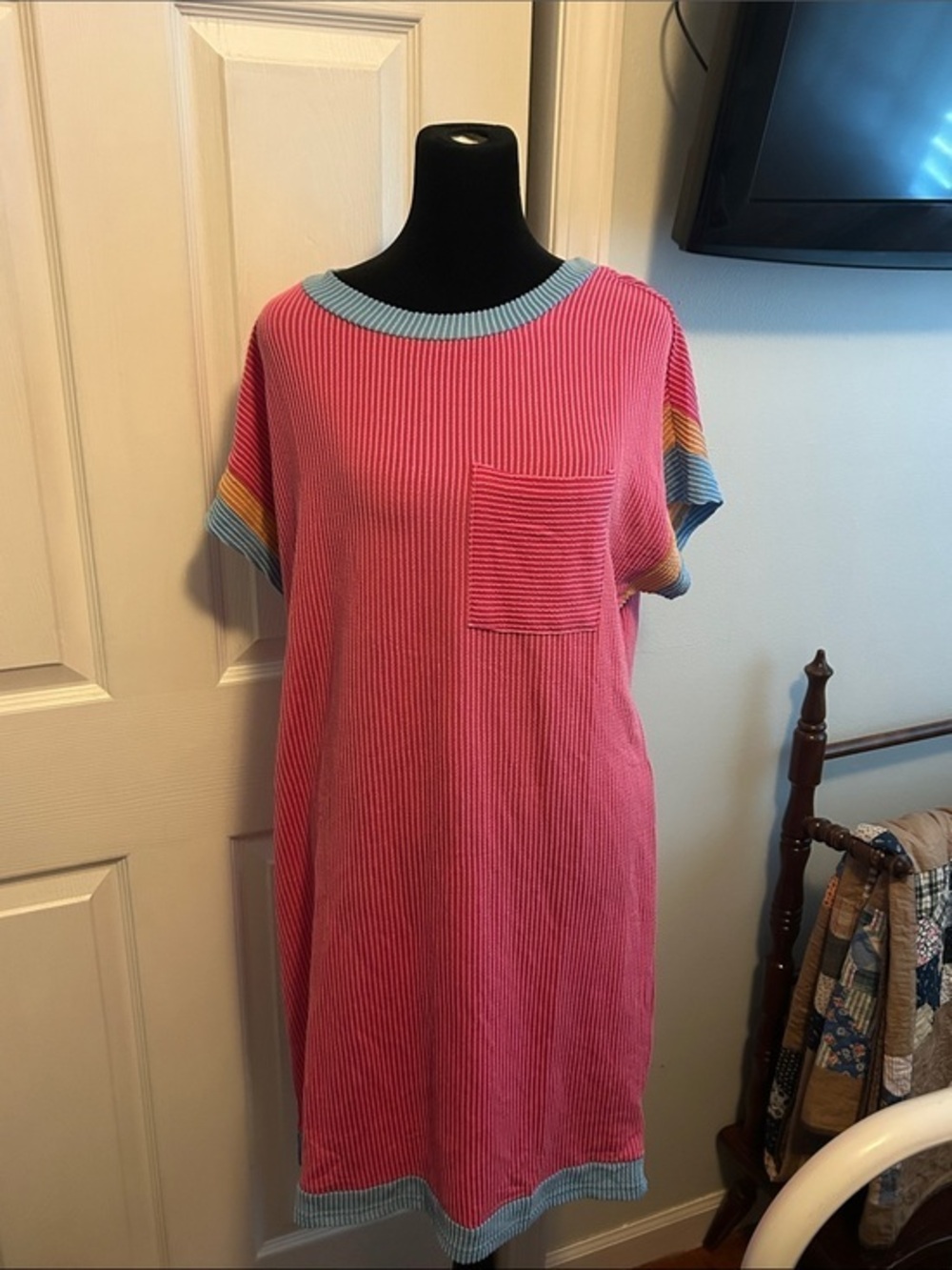 Pink Ribbed Mini Dress with Contrast Trim